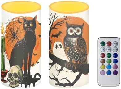 Halloween Owl Print Battery Operated Candles with Timers Flameless Candles with Remote for Halloween Gifts Black Cat LED Lights for Indoor Outdoor Party Home Decorations by Merkmak