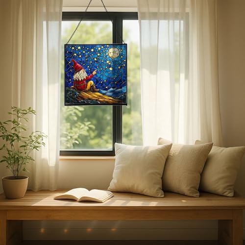 Gnome Stargazing Hill Stained Glass Suncatcher – Square Hanging Window Panel for Home or Greenhouse – Whimsical Glass Art Gift for Garden Lovers, Christmas, Halloween, Father Days CS5nfH - Image 7