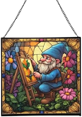 Painter Gnome at Work Stained Glass Suncatcher – Square Hanging Window Panel for Home or Greenhouse – Whimsical Glass Art Gift for Garden Lovers, Christmas, Halloween, Father Days 0m6gCB by Custom
