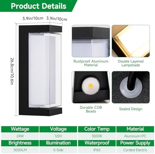 Modern Outdoor Wall Lights 24W LED Exterior Wall Sconces Light Fixtures, Black Aluminum Wall Mount, 3000LM 3000K Porch Lights with Double Lampshades, IP65 Waterproof for Garage Patio Entryway - Image 2