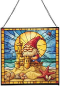 Beach Day Gnome Stained Glass Suncatcher – Square Hanging Window Panel for Home or Greenhouse – Whimsical Glass Art Gift for Garden Lovers, Christmas, Halloween, Father Days G18PX1 by Custom
