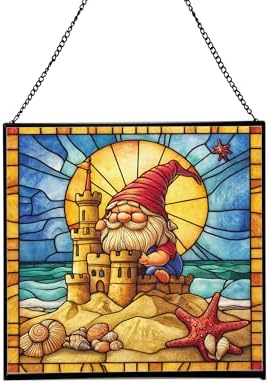 Beach Day Gnome Stained Glass Suncatcher – Square Hanging Window Panel for Home or Greenhouse – Whimsical Glass Art Gift for Garden Lovers, Christmas, Halloween, Father Days G18PX1 by Custom