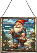 Shell Collector Gnome Stained Glass Suncatcher – Square Hanging Window Panel for Home or Greenhouse – Whimsical Glass Art Gift for Garden Lovers, Christmas, Halloween, Father Days MXctcy by Custom