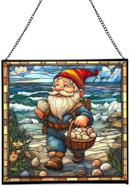 Shell Collector Gnome Stained Glass Suncatcher – Square Hanging Window Panel for Home or Greenhouse – Whimsical Glass Art Gift for Garden Lovers, Christmas, Halloween, Father Days MXctcy by Custom