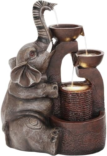 20" Elephant Outdoor Fountain LED 3-Tier Waterfall, Bronze - Image 2