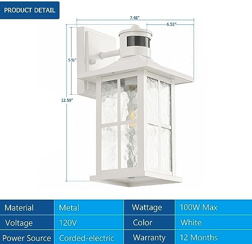 Motion Sensor Outdoor Wall Light White Dusk to Dawn Exterior Porch Lantern - Image 6