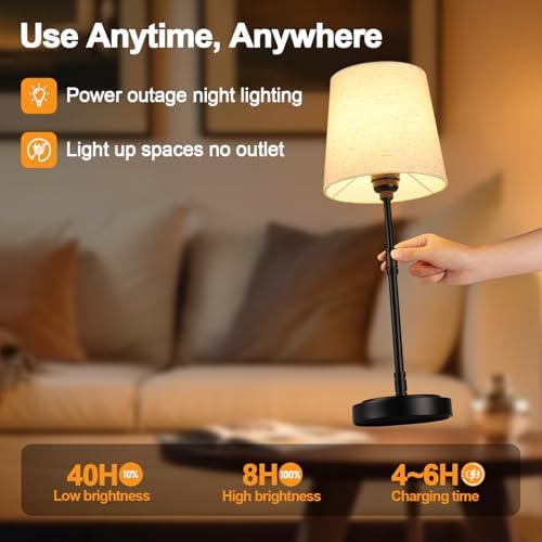 Cordless Table Lamps Set of 2 – Battery Operated Lamp with 7500mAh Rechargeable Battery, Stepless Dimmable Black Lamps with Beige Shade, Wireless Lamps for Dining Room & Nightstand (Bulbs Included) - Image 5