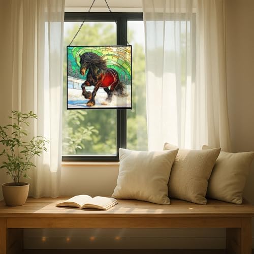 Black Icelandic Horse Climbing Snowy Slope Square Suncatcher – Stained Glass Style Window Panel with Pastoral Scene, Custom Decorative Hanging Art for Equestrian Home, Christmas Rzvlwy - Image 6