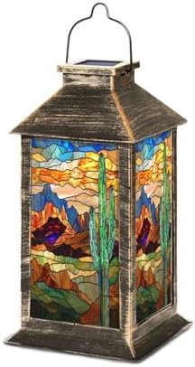 Solar Lantern Stunning Stained Glass Western Landscape Textured Cactus Outdoor Waterproof Garden Hanging Lantern Solar Powered Lighting Outside Table Lamp for Patio Deck Camping 1 Pack by Unknown