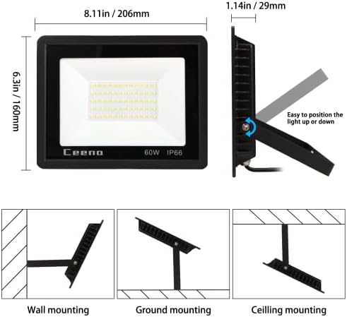 Ceena 2 Pack 60W Hardwired LED Flood Light Outdoor, 6000lm Super Bright Floodlight, IP66 Waterproof 6000K Daylight White Exterior Lights for Garage, Yard, Patio, Front Door - Image 6