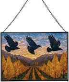 Crows Flying Over Autumn Orchard Rectangular Stained Glass Suncatcher – Hanging Window Panel with Animal & Nature Scene – Vibrant Glass Art Gift for Wildlife, Fantasy, Nature Lovers emGCYx by Custom