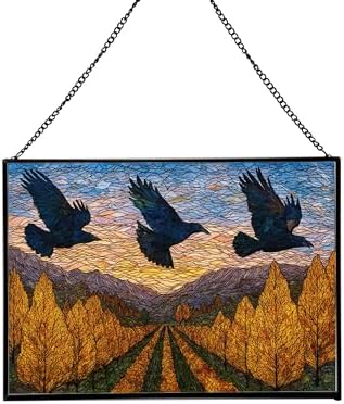 Crows Flying Over Autumn Orchard Rectangular Stained Glass Suncatcher – Hanging Window Panel with Animal & Nature Scene – Vibrant Glass Art Gift for Wildlife, Fantasy, Nature Lovers emGCYx by Custom