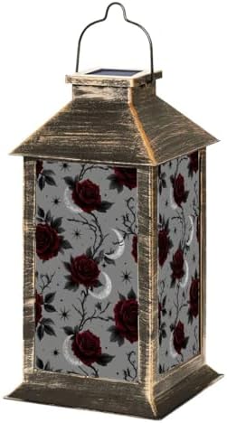 Solar Lantern Outdoor Garden Hanging Lantern Gothic Red Roses Crescent Moons Grey Waterproof Solar Powered Lighting Outside Table Lamp for Patio Deck Yard Camping by Unknown