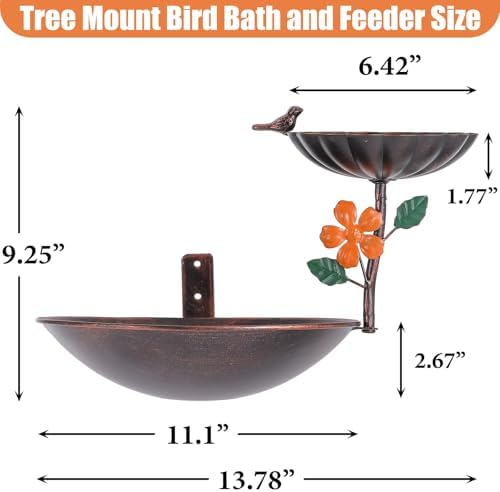 Tree Mounted Bird Bath, Wall Mount Bird Baths for Outdoors, Metal Birdbath and Feeder Combo, Antique Birdbaths Installed on Wooden Fences Trees Deck Outdoor Walls - Image 2