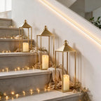 3 Pcs Large Gold Decorative Lanterns with Candles, Metal Candle Lantern - Image 3