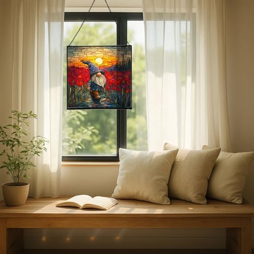 Gnome with Poppy Field Stained Glass Suncatcher – Square Hanging Window Panel for Home or Greenhouse – Whimsical Glass Art Gift for Garden Lovers, Christmas, Halloween, Father Days 6JfMPN - Image 7