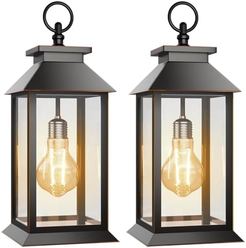 2 Pack Solar Lanterns Outdoor, Hanging Glass Solar Lights Waterproof, Dual Power Solar & 2*AA Battery, for Porch, Patio, Yard and Indoor Table or Mantel by AYTPU