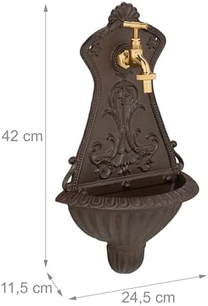 Relaxdays Wall Fountain, Antique Design, Basin & Tap, Water, for Garden & Patio, 42 x 24.5 x 11.5 cm, Cast Iron, Brown, Brass - Image 4