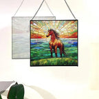 Bay Lusitano Horse Standing ATOP Hill at Sunset Square Suncatcher – Stained Glass Style Window Panel with Pastoral Scene, Custom Decorative Hanging Art for Equestrian Home, Christmas OoBNMO - Image 4