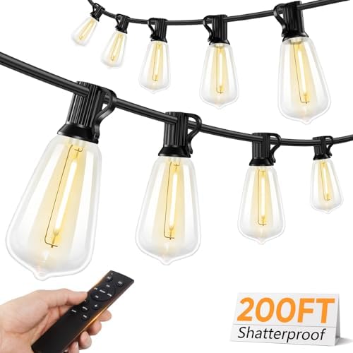 Brightever Outdoor String Lights with Remote, 200FT LED Patio Lights with 62 ST38 Shatterproof Vintage Bulbs, Dimmable String Lights for Outside, Waterproof IP65 Outdoor Lighting for Balcony, Camping by Brightever