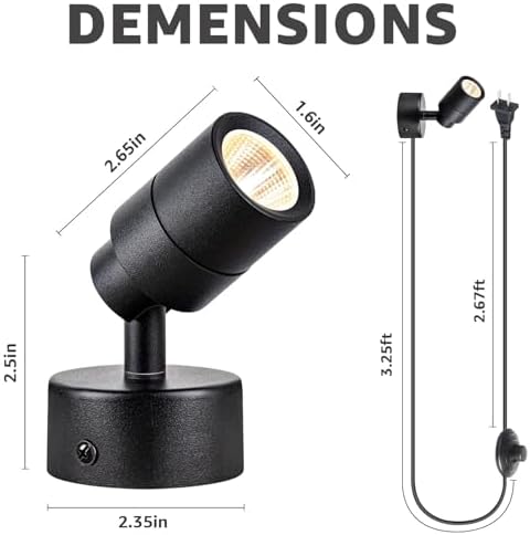 SUNVIE 2 Pack LED 120V SpotLights Indoor, 3W Up Lights Floor Spotlight, 3000K Uplights Indoor Accent Lighting for Plants Pictures Artwork, 5.9 FT Cord with Foot Switch - Image 6