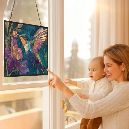 Rectangle Mosaic Hummingbird and Lavender Suncatcher Stained Glass Window Hangings for Women Mom Red Birds Sun Catchers Colorful Ornament Bird Lovers Gift Gifts for Women Mom Wife - Image 5