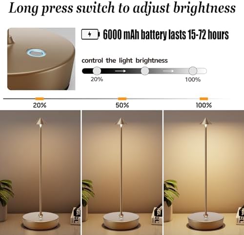 2Pack Rechargeable Cordless Table Lamp, Portable Powered LED Battery 6000mAh Metal USB Desk Lamp, 3 Levels Brightness Light for Restaurants Outdoor (2pack Titanium) - Image 4