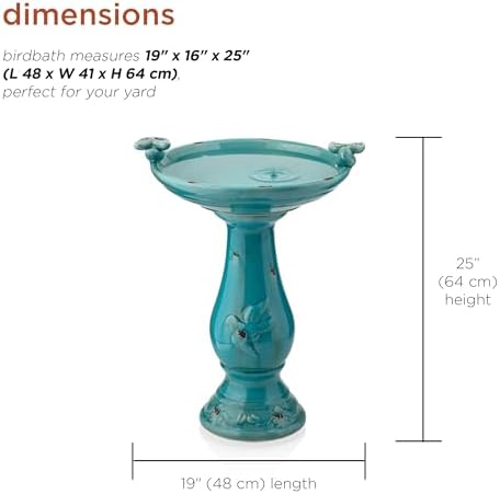 Alpine Corporation 25" Tall Outdoor Ceramic Antique Pedestal Birdbath with 2 Bird Figurines, Turquoise - Image 2