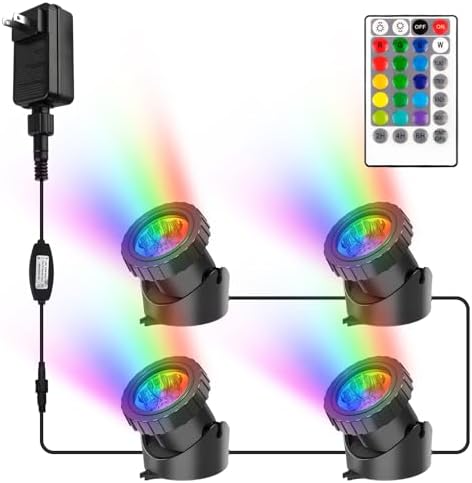 RGB Pond Lights with Timer, LED Underwater Submersible Colorful Landscape Spotlights, 98ft Remote Control IP68 Waterproof Fountain Lights for Fish Aquarium Tank Garden Yard Pool (Set of 4) by CREPOW