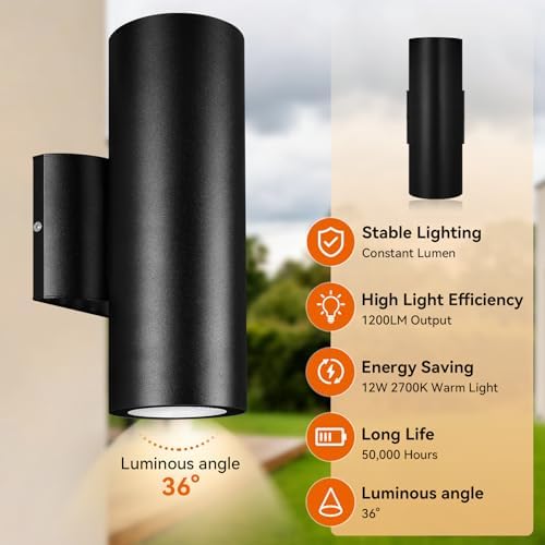 JO.KO Up Down Lights Outdoor, Cylinder Wall Lights 10.24" 2 Pack, 2700K Warm White Porch Light in 2 Lights, Matte Black Waterproof Wall Sconce, Aluminum Exterior Light Fixture Wall Mount - Image 5