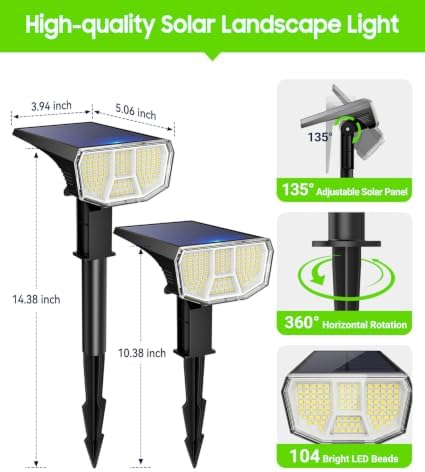 LETMY 6 Pack Solar Spot Lights Outdoor, 104 LED Solar Spotlights, IP65 Waterproof Solar Powered Outdoor Lights, Auto On/Off, Solar Lights Outdoor for Yard, Garden, Patio, Wall, Tree & Flag, Cool White - Image 6