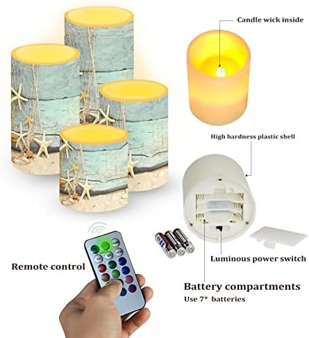 Flickering Flameless Candles 4 Pieces Set, LED Pillar Candles with Timer Battery Operated Tea Lights for Coastal Decor, Beach Starfish with Blue Wood Grain - Image 3