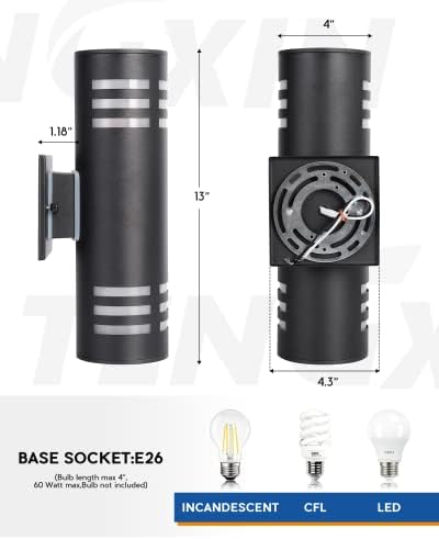 TENGXIN Outdoor Exterior Wall Light,Up and Down Cylinder Modern Porch Light,Stainless Steel 304 and Toughened Glass,Black Finished,E27,UL Listed - Image 3