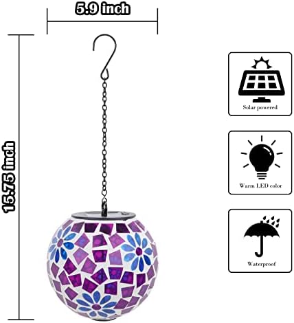 Mosaic Solar Lantern Outdoor Waterproof Glass Hanging Solar Lights, Purple - Image 2