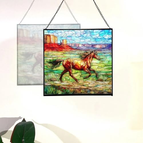 Brown Mustangs Horse cantering Through Open Canyon Floor Square Suncatcher – Stained Glass Style Window Panel with Pastoral Scene, Custom Decorative Hanging Art for Equestrian Home, Christmas WdEB2V - Image 3