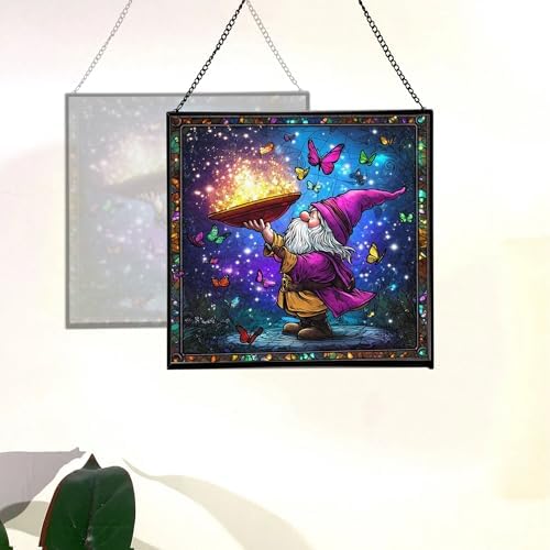 Magic Hat Gnome Stained Glass Suncatcher – Square Hanging Window Panel for Home or Greenhouse – Whimsical Glass Art Gift for Garden Lovers, Christmas, Halloween, Father Days 7Z3UEG - Image 4