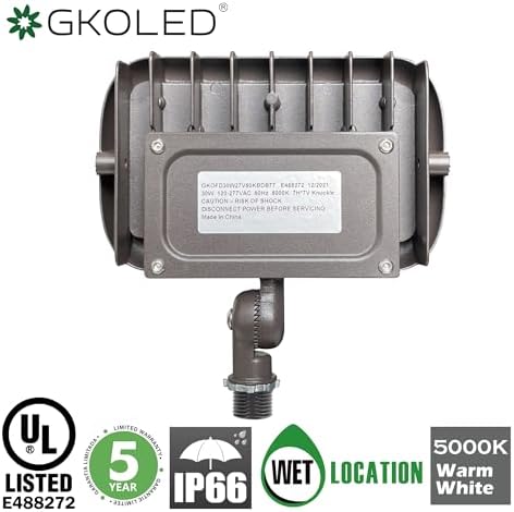 GKOLED 30W LED Floodlight, Outdoor Security Fixture, Waterproof, 100W PSMH Replace, 3000 Lumens, 5000K Daylight White, 70CRI, 1/2" Adjustable Knuckle Mount, UL-Listed - Image 4