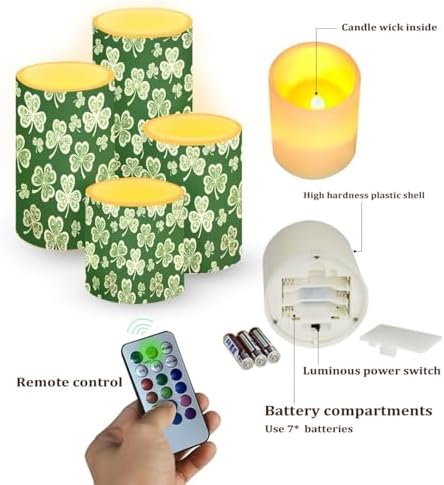 4 Pack Battery Operated Candles with Timers Stylish Shamrocks Flameless Candles with Remote St Patrick's Day Porch LED Lights Lanterns for Holiday Home Decorations - Image 2