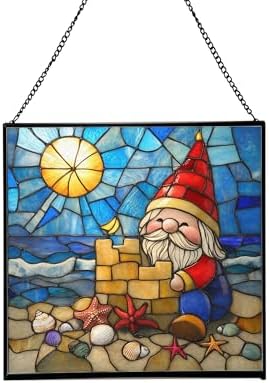 Beach Day Gnome Stained Glass Suncatcher – Square Hanging Window Panel for Home or Greenhouse – Whimsical Glass Art Gift for Garden Lovers, Christmas, Halloween, Father Days GWNf1E by Custom
