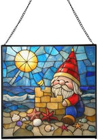 Beach Day Gnome Stained Glass Suncatcher – Square Hanging Window Panel for Home or Greenhouse – Whimsical Glass Art Gift for Garden Lovers, Christmas, Halloween, Father Days GWNf1E by Custom
