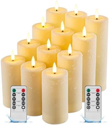 12 Pack Outdoor Waterproof Battery Operated Fake flameless LED Candles Set with Remote Control Timer, Warm White Decorative Candles for Patio Garden Wedding Table Centerpiece Home Decor by Fanzir