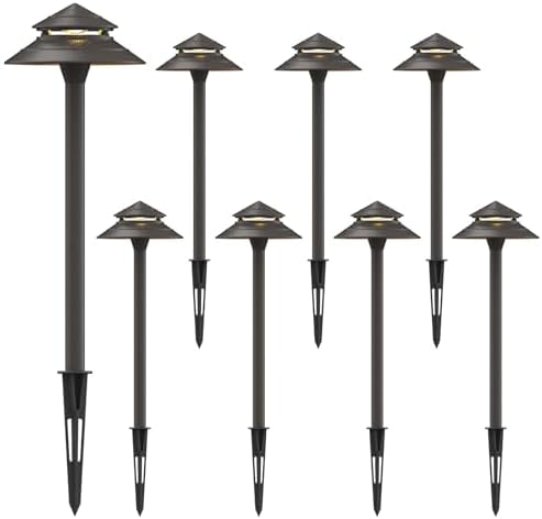 GOODSMANN Pathway Lights Kits 3W LED 8PK Outdoor Low Voltage Landscape Lighting 180 Lumen Hardwired 2 Tier Pagoda Path Light 3000K Warm White Metal 12V Electric Sidewalk Walkway Lights with Connectors by GOODSMANN