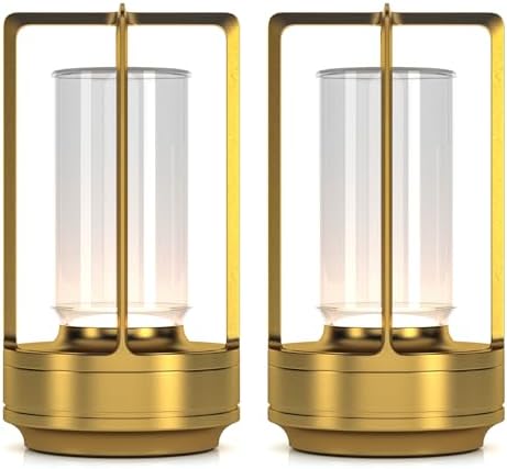 HAPYGI Portable Metal Table Lamp for Indoor/Outdoor,Rechargeable Cordless LED Lamp, 3-Colour Infinitely Dimming Battery Powered Small Desk Lamp, Restaurant/Bedroom/Bar/Coffee/Camping Light (A-Gold-2) by HAPYGILightings