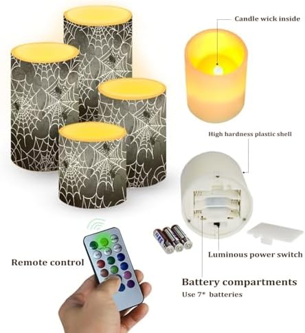 Halloween Flameless Candles 4Pcs Battery Operated LED Candles with Timer Remote Spider Web Plastic Pillar Lights for Home Trick or Treat Party Decorations - Image 2