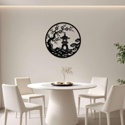 Zen Garden Blossom Pagoda Metal Wall Art WallArt Decor Metal Outdoor Decor Metal Signs Modern Minimalist Aesthetic Artwork Elegant Wall Decoration for Living Room Office Apartment (Black,16inch) - Image 2