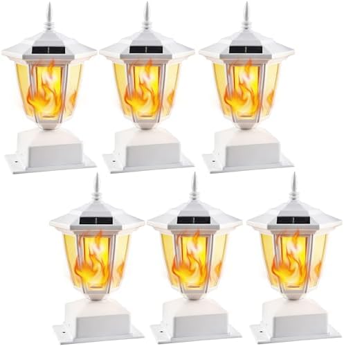 Dynaming 6 Pack Solar Flame Post Lights Outdoor, Solar Powered Lamps Fence Post Cap Lights, Flickering Flame LED Lantern Waterproof for Garden Deck Patio, Fit 4x4, 5x5 6x6 Wooden Posts, White Shell by Dynaming