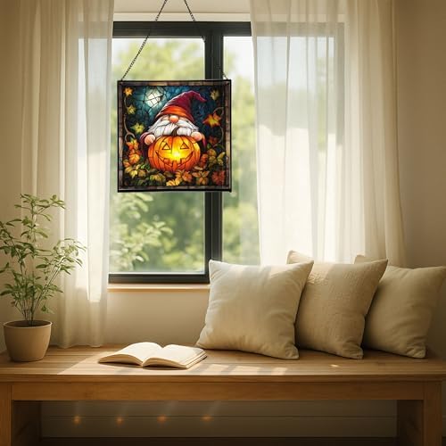 Gnome Pumpkin Lantern Stained Glass Suncatcher – Square Hanging Window Panel for Home or Greenhouse – Whimsical Glass Art Gift for Garden Lovers, Christmas, Halloween, Father Days YYOCot - Image 7