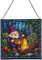 Berry Jam Gnome Stained Glass Suncatcher – Square Hanging Window Panel for Home or Greenhouse – Whimsical Glass Art Gift for Garden Lovers, Christmas, Halloween, Father Days uCi2nS by Custom