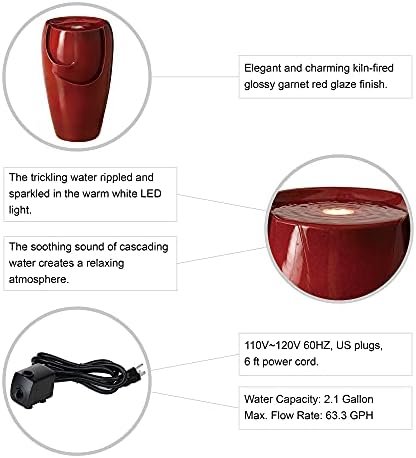 Glitzhome 21.25" H Ceramic Vase Outdoor Water Fountain Tall Patio Garden Water Fountain with LED Light and Submersible Pump Yard Art Decor, Red - Image 3
