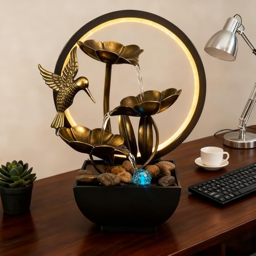AOZITA Tabletop Fountain, Indoor Waterfall Fountain, Small Home Décor Zen Relaxation Soothing Sound Machine for Office, Living Room, or Bedroom, Bronze Metal Lotus with HBird, River Rocks, Round LED by Unknown